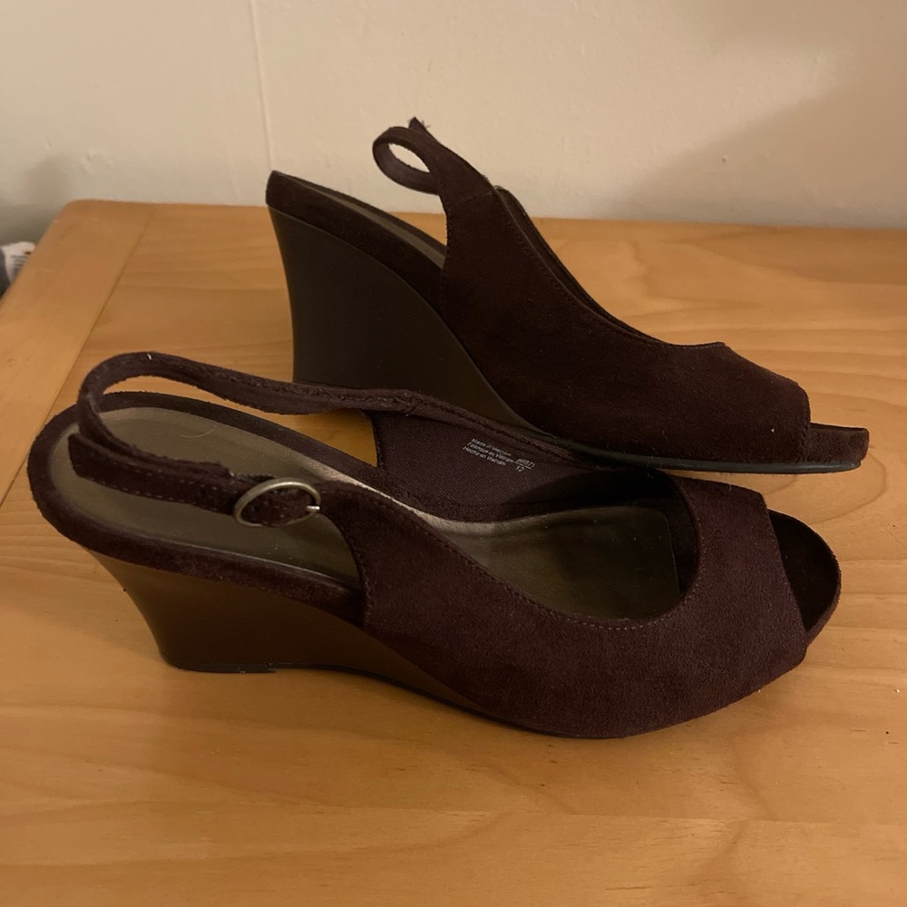 Dexter Sling Back Open Toe Wedge Brown Suede Shoes Size 8 1/2